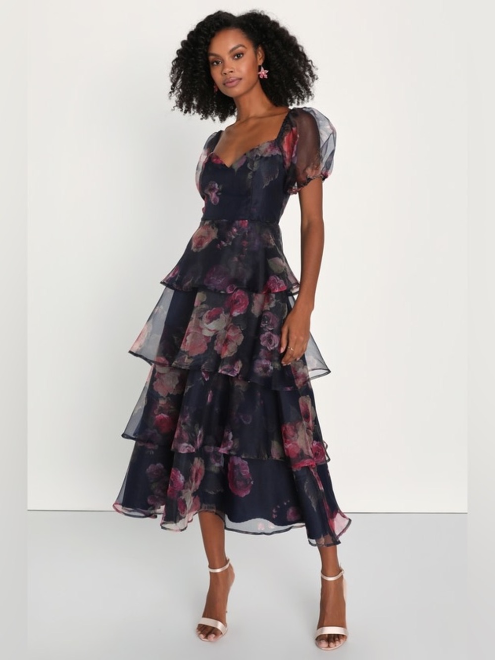 Lulus Oh-So Stunning Navy Blue Floral Organza Tiered Midi Dress